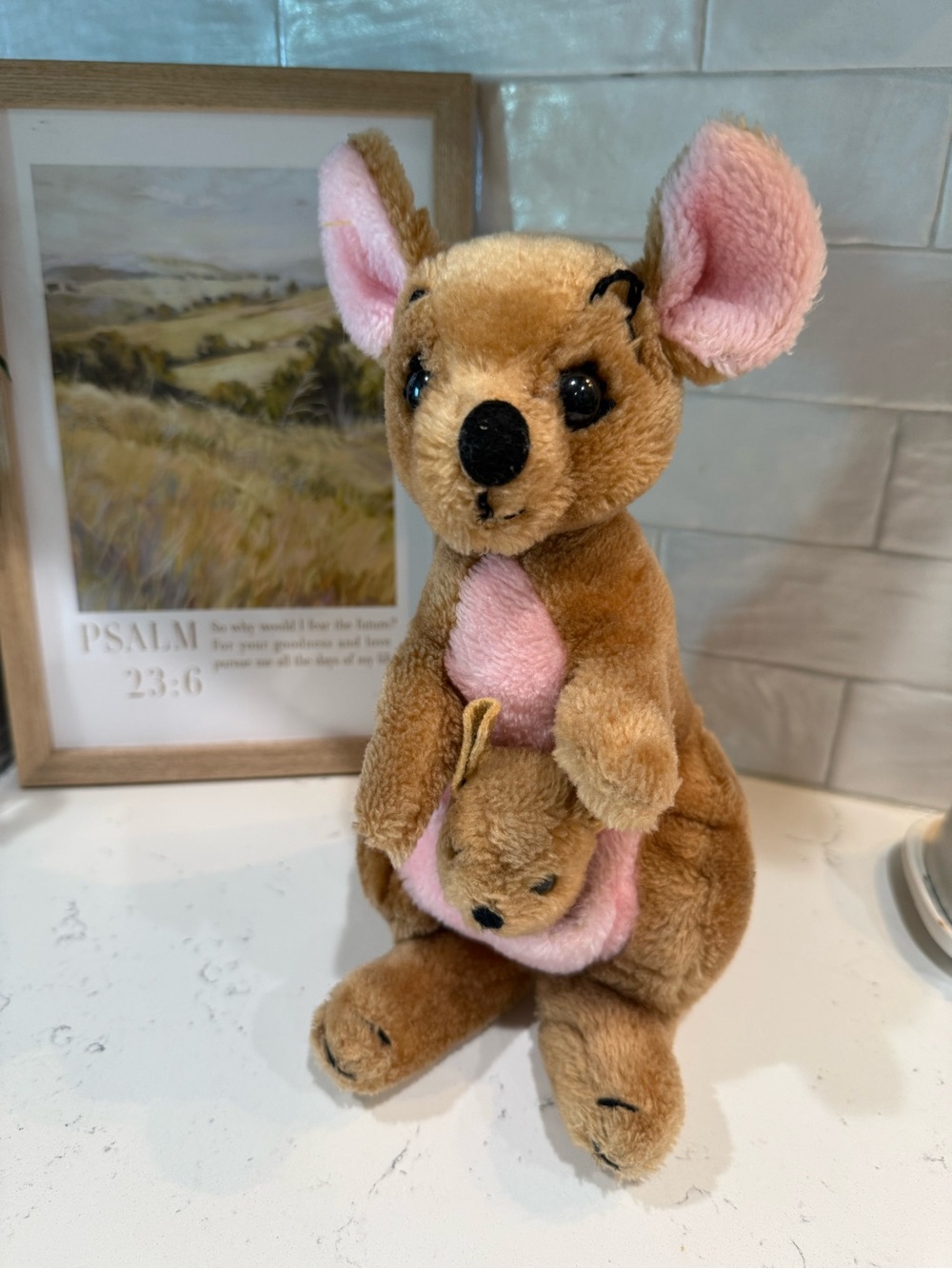 Vintage Plush Brown and Pink Kangaroo with Joey Soft Toy